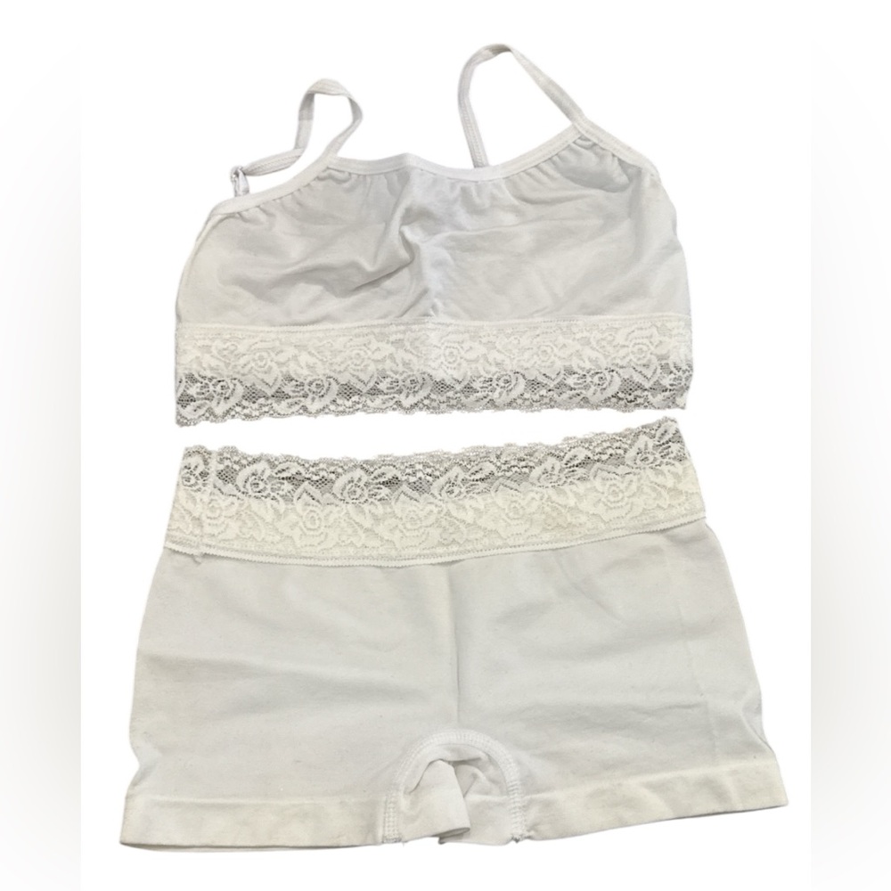 Girls 2PC Set White Lace Trim Sleepwear Boy-shorts Training Adjustable Bra